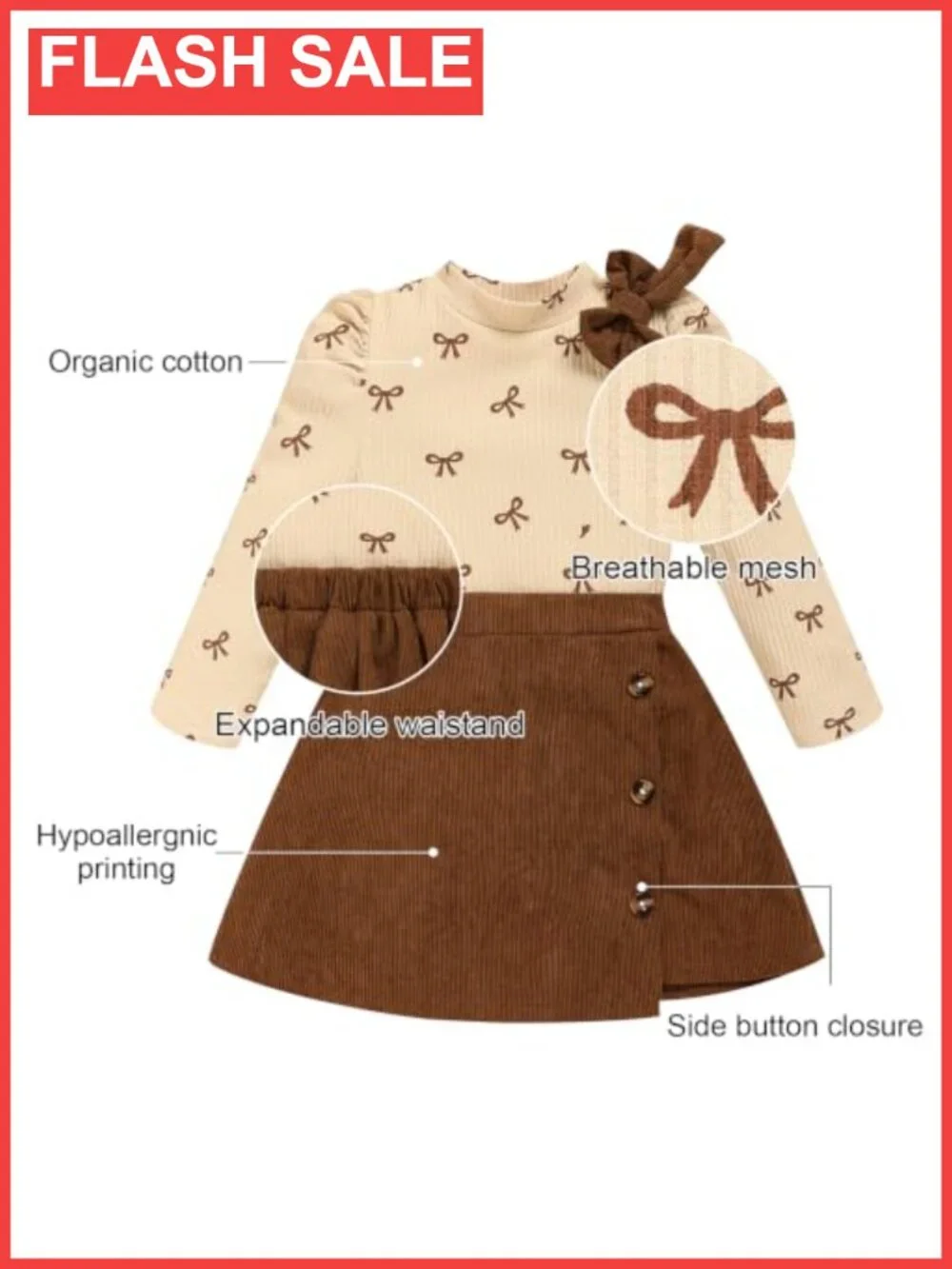 Toddler Girl 2-Piece Outfit Cotton Ribbed Bow Sweatshirt Button Skirt Set